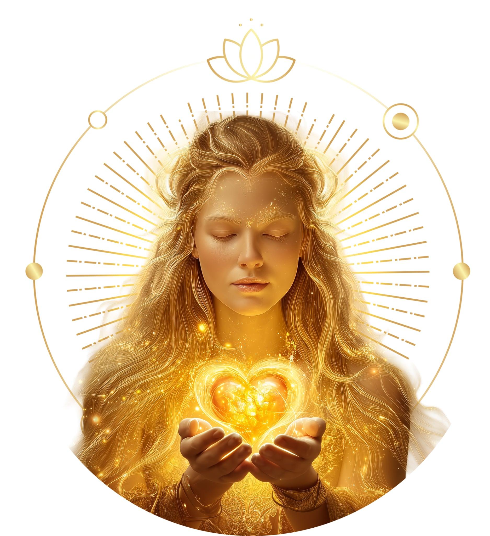 Woman holding a golden light, surrounded by a golden halo